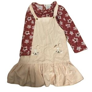 Forever Me Corduroy Dress W/ Long Sleeve Shirt NEW Sz 5 Bear Dog Pink Red Floral